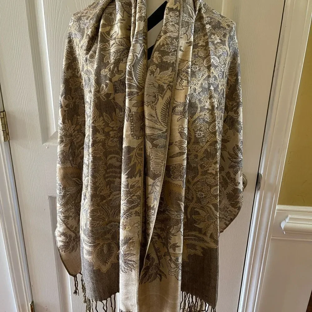 Pashmina 30%silk soft Shawl,Scarf Gold,brown with fringe length 70” with 28”